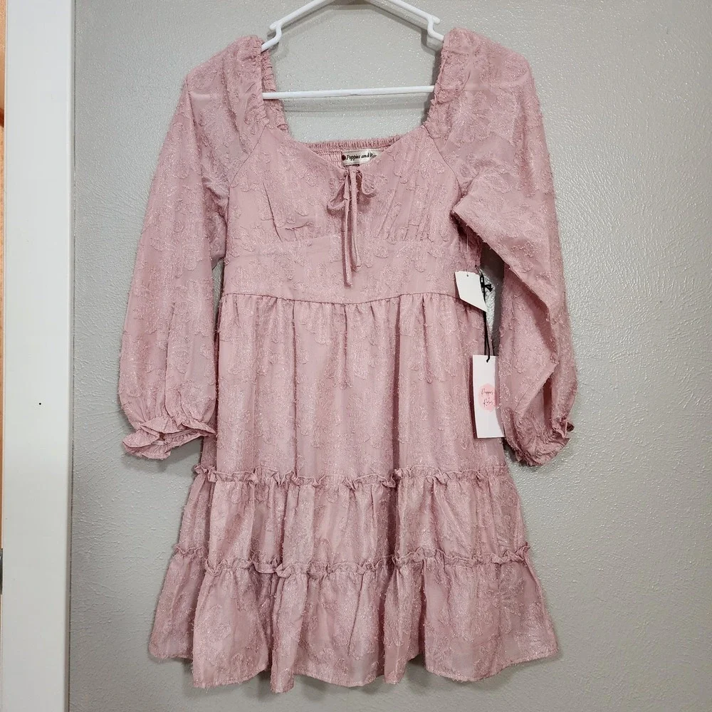Poppies And Roses Dress Girls Size 14 Pink Triple Tier Long Sleeve‎